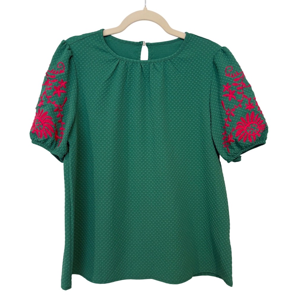 Peasant Bohemian Embroidered Puff‎ Sleeve Blouse Cottagecore Prairie Floral L